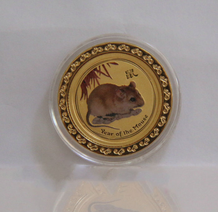 2008年1盎司+1/10盎司澳大利亚生肖鼠彩金银色币 1/10盎司彩金鼠